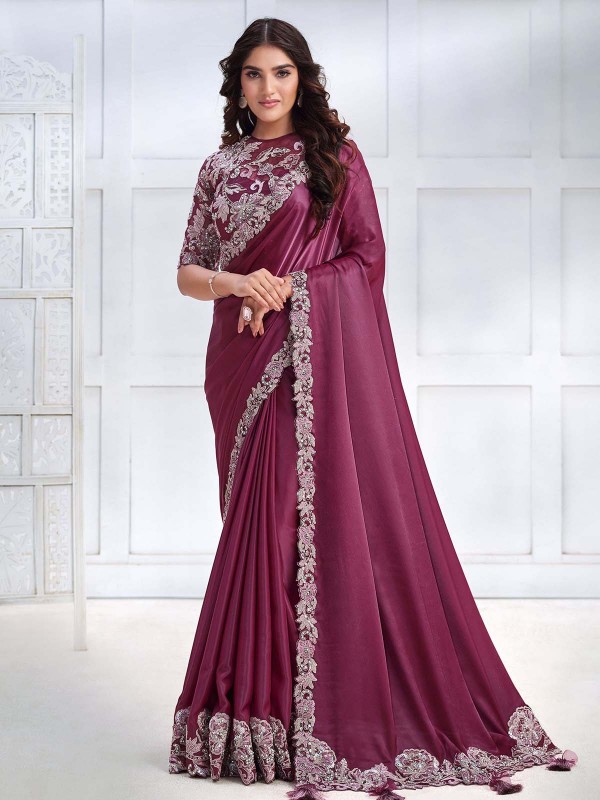 Claret Crepe Satin Silk Saree